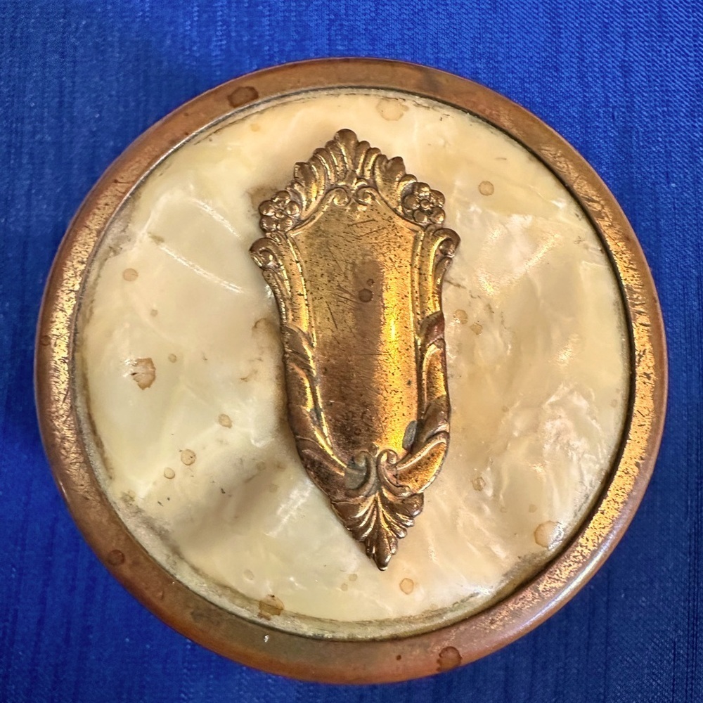 Vintage Glass Vanity Jar with Celluloid & Brass Top